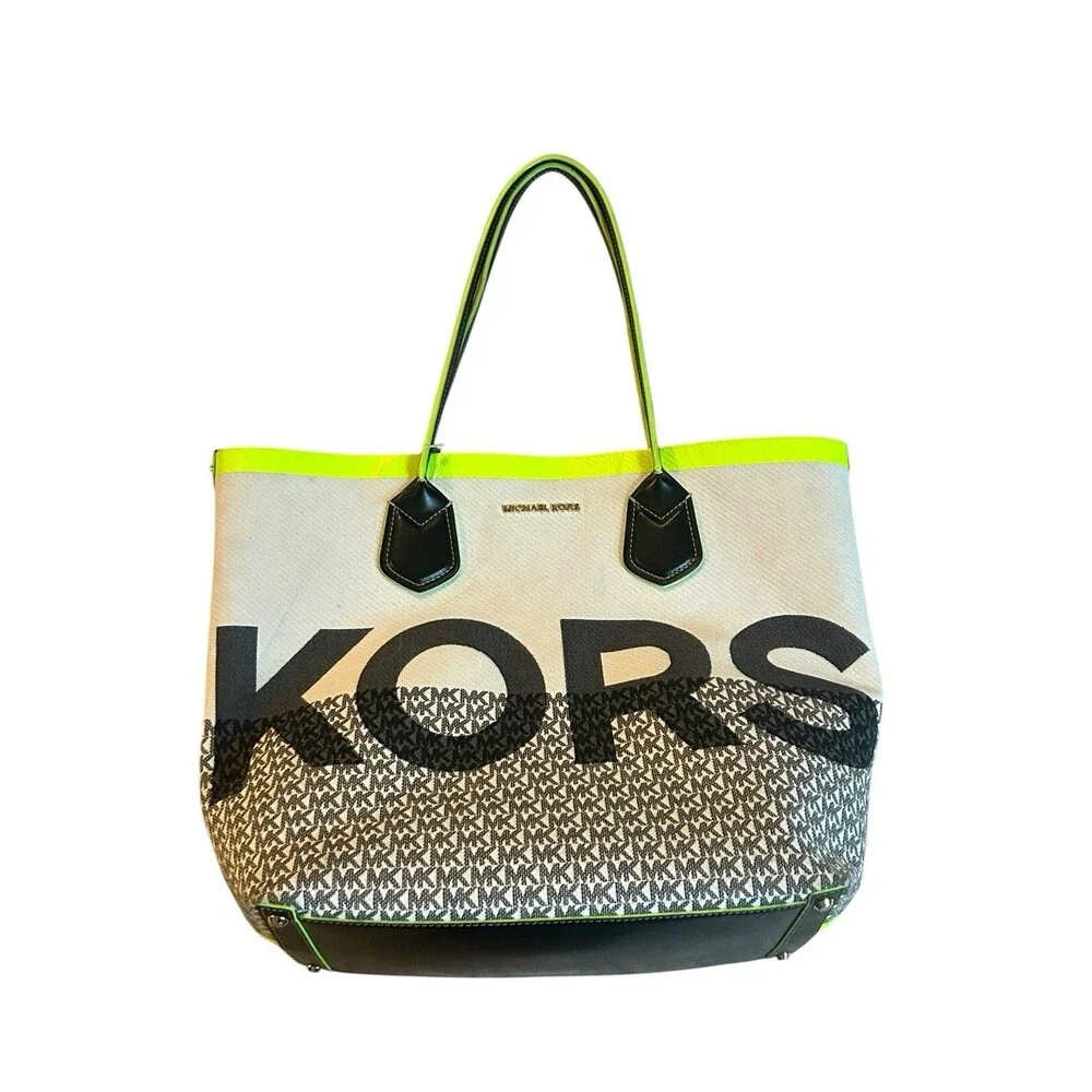 Michael Kors Large Canvas Tote Bag Neon Yellow Logo MK Monogram Shopper